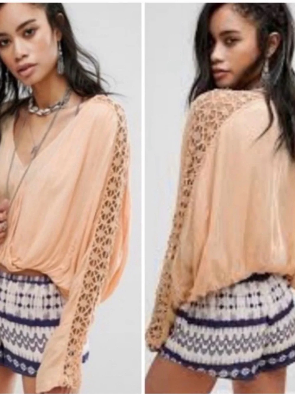 Free people Runaway Boho Crochet Lace Peasant Top LS in Light Peach